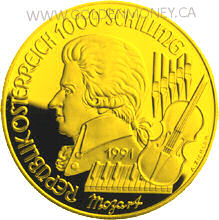 1000 Schilling 1/2 troy ounce pure Gold Coin Mozart 1991 1000 Schilling 1/2 troy ounce pure Gold Coin Mozart 1991
