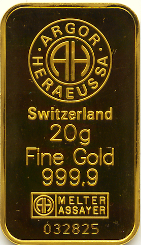 20 gram 999.9 fine Argor Heraeus S.A.Gold Bar 20 gram 999.9 fine Argor Heraeus S.A.Gold Bar